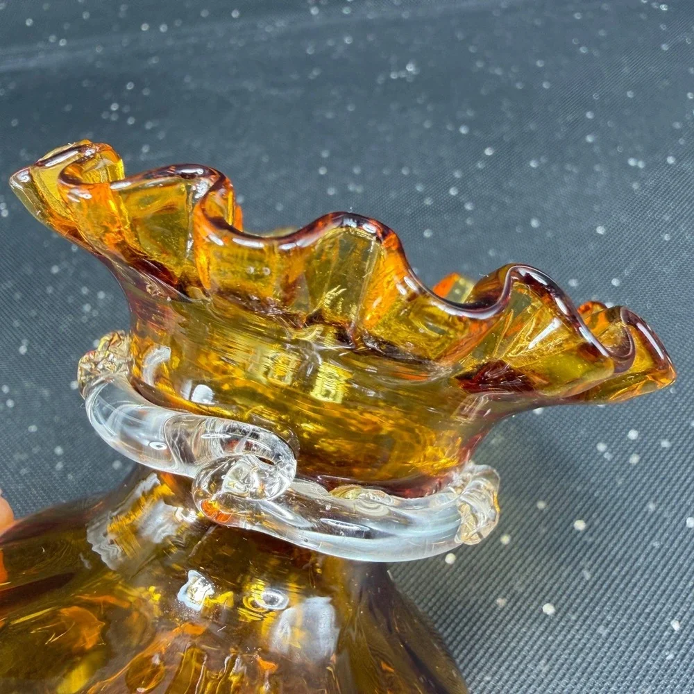 Amber Mid Century Hand Blown Glass Ruffled Bud Vase with Clear Rigaree 3inch